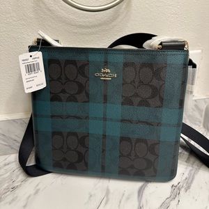 NWT Coach Signature Black Green Plaid Medium Crossbody